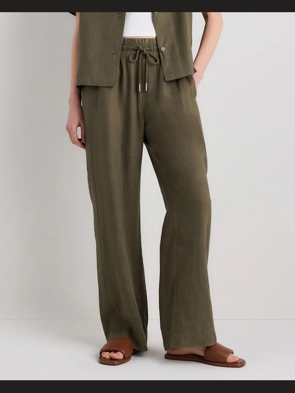 Quince Olive Wide-Leg Linen Drawstring Pants 30” inseam